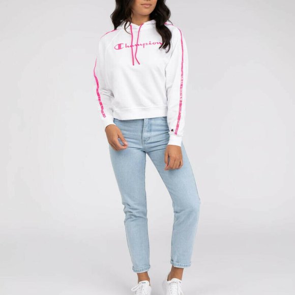 CHAMPION White Pink Stripe Tape Winter Cropped Hoodie Sweater Jumper - Picture 2 of 10